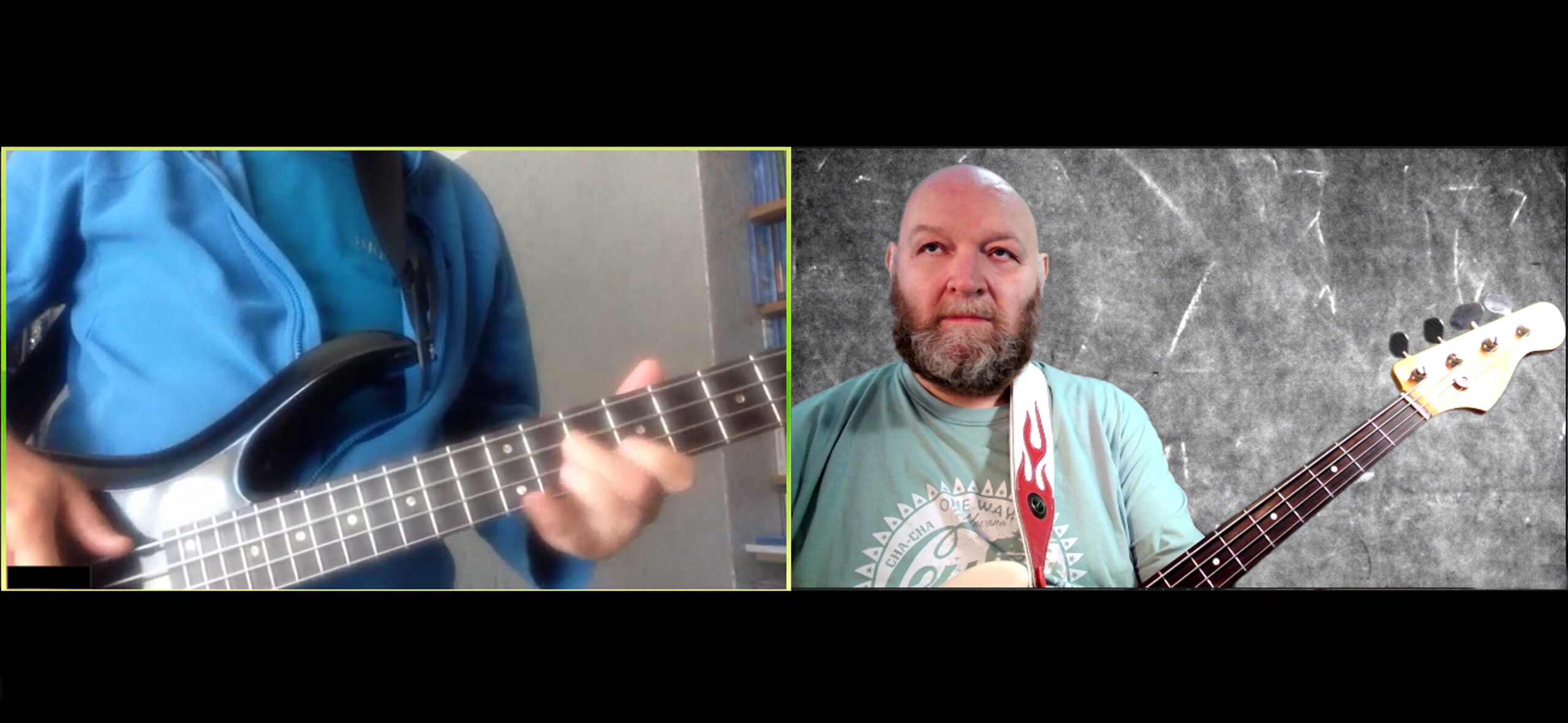 screenshot of a zoom bass lesson, with student and teacher